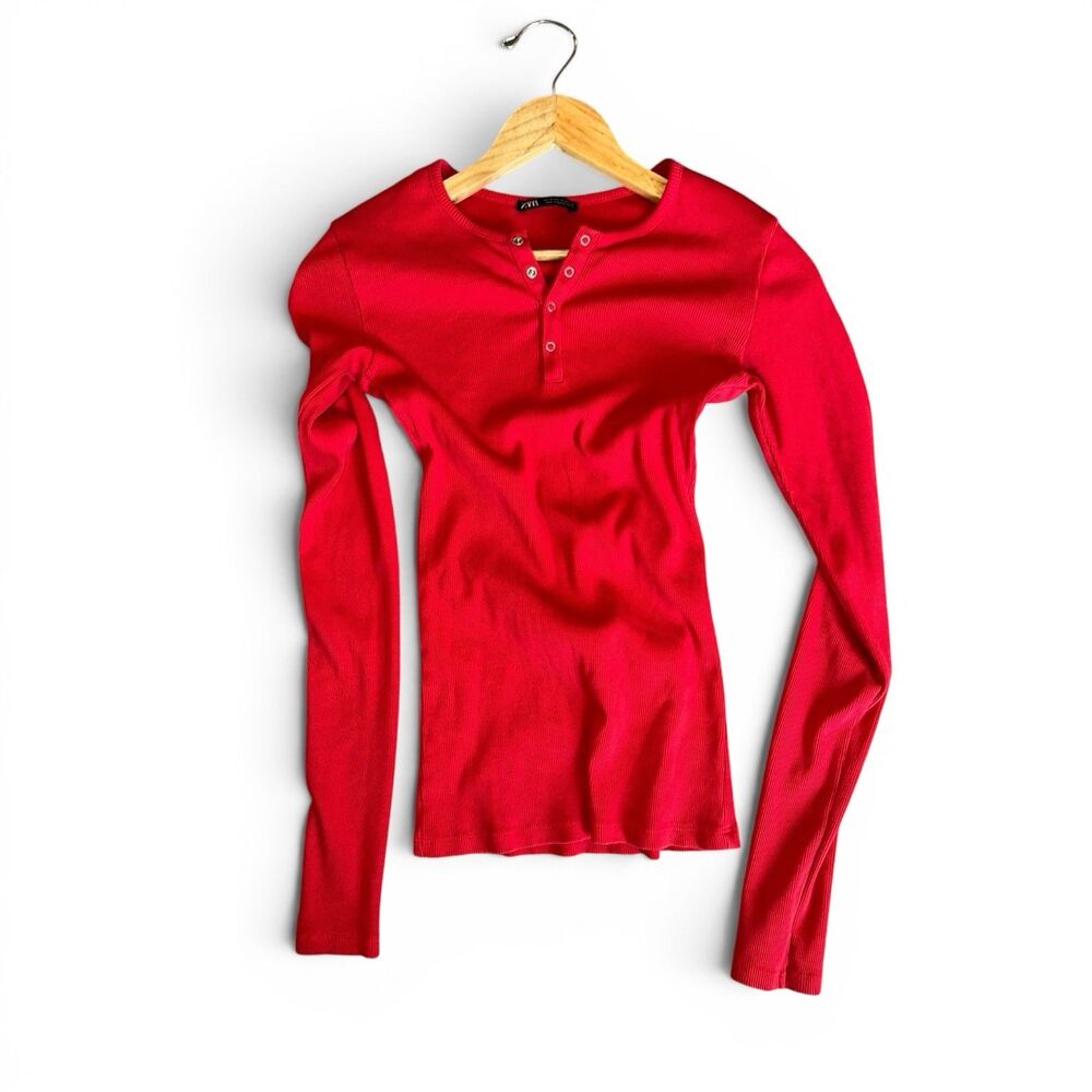 Zara Red Ribbed Henley Top Medium Long Sleeve Officecore Essential